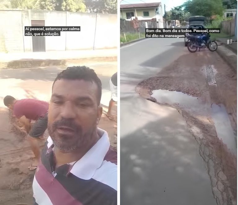 Moradores tapam buracos em avenida da Chácara Itapiracó